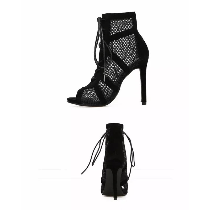 Black Net Fabric Cross Strap High Heel Sandals