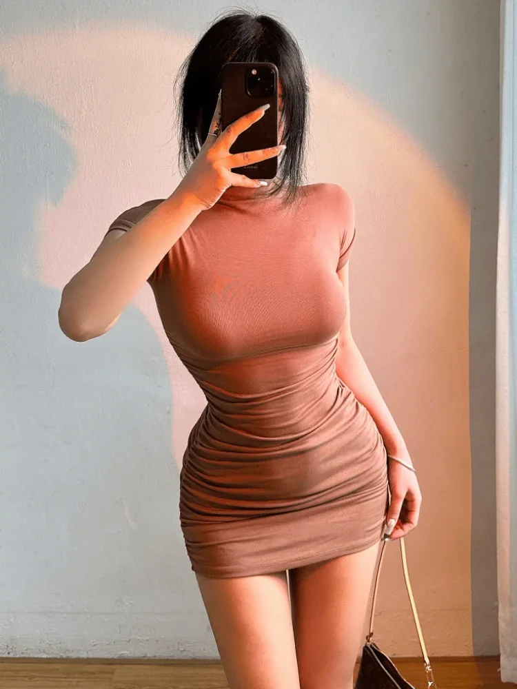 Pleated Waist Mini Slim Dresses