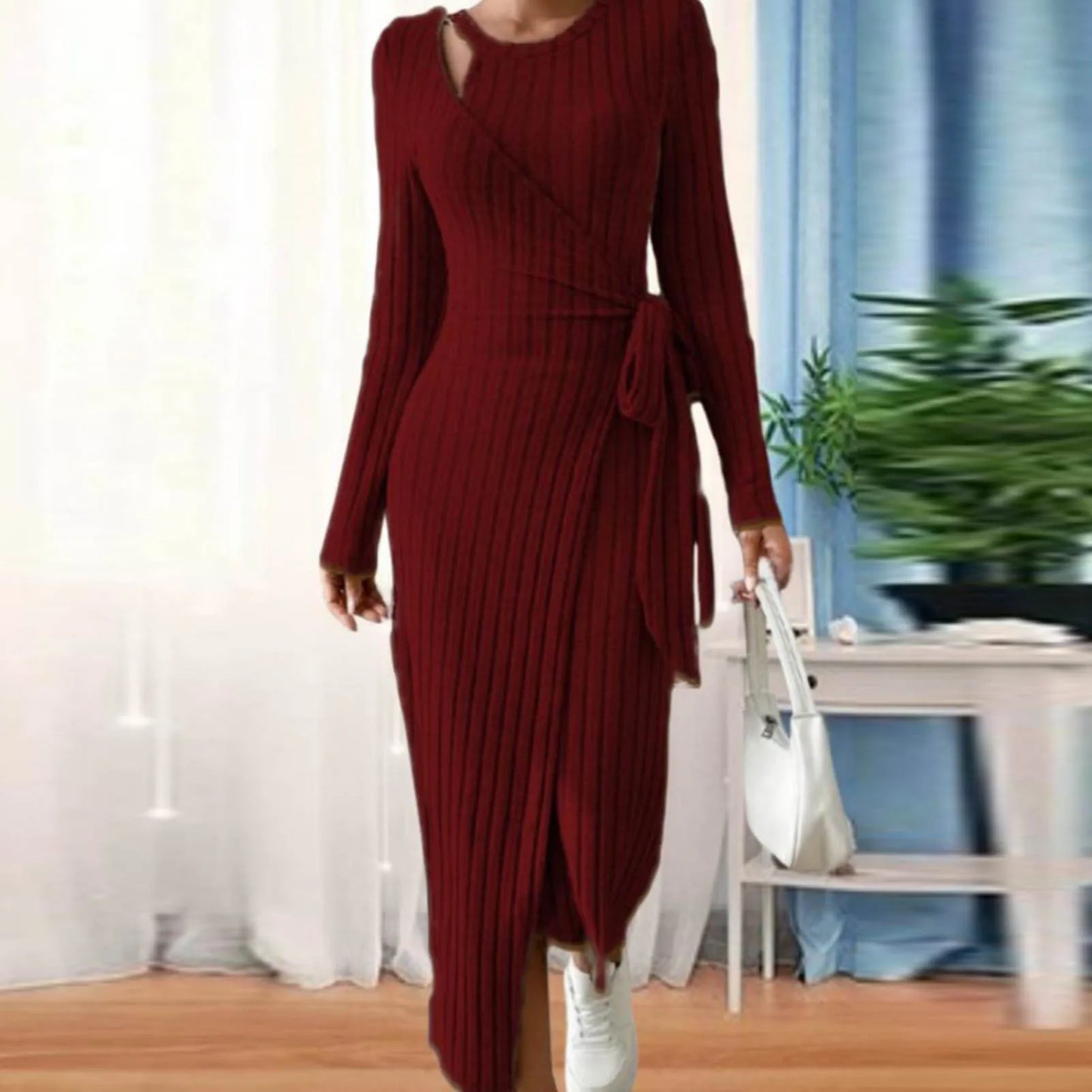 V Neck Knitted Sweater Dress