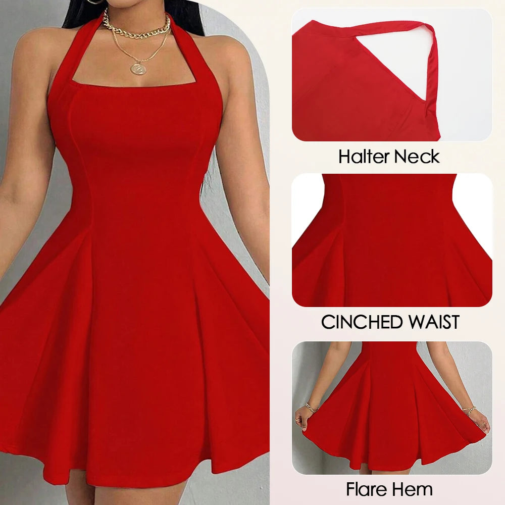 Square Neck Pleated Halter Dress