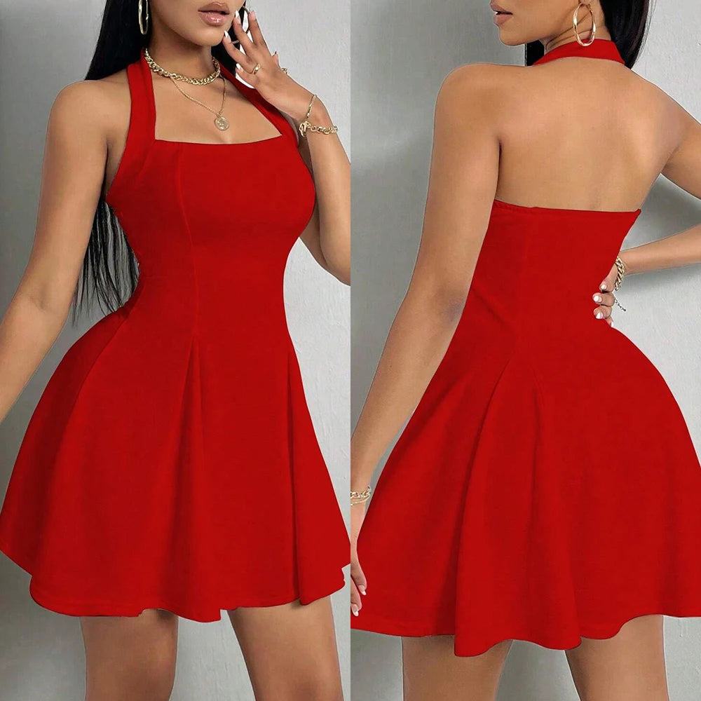 Square Neck Pleated Halter Dress