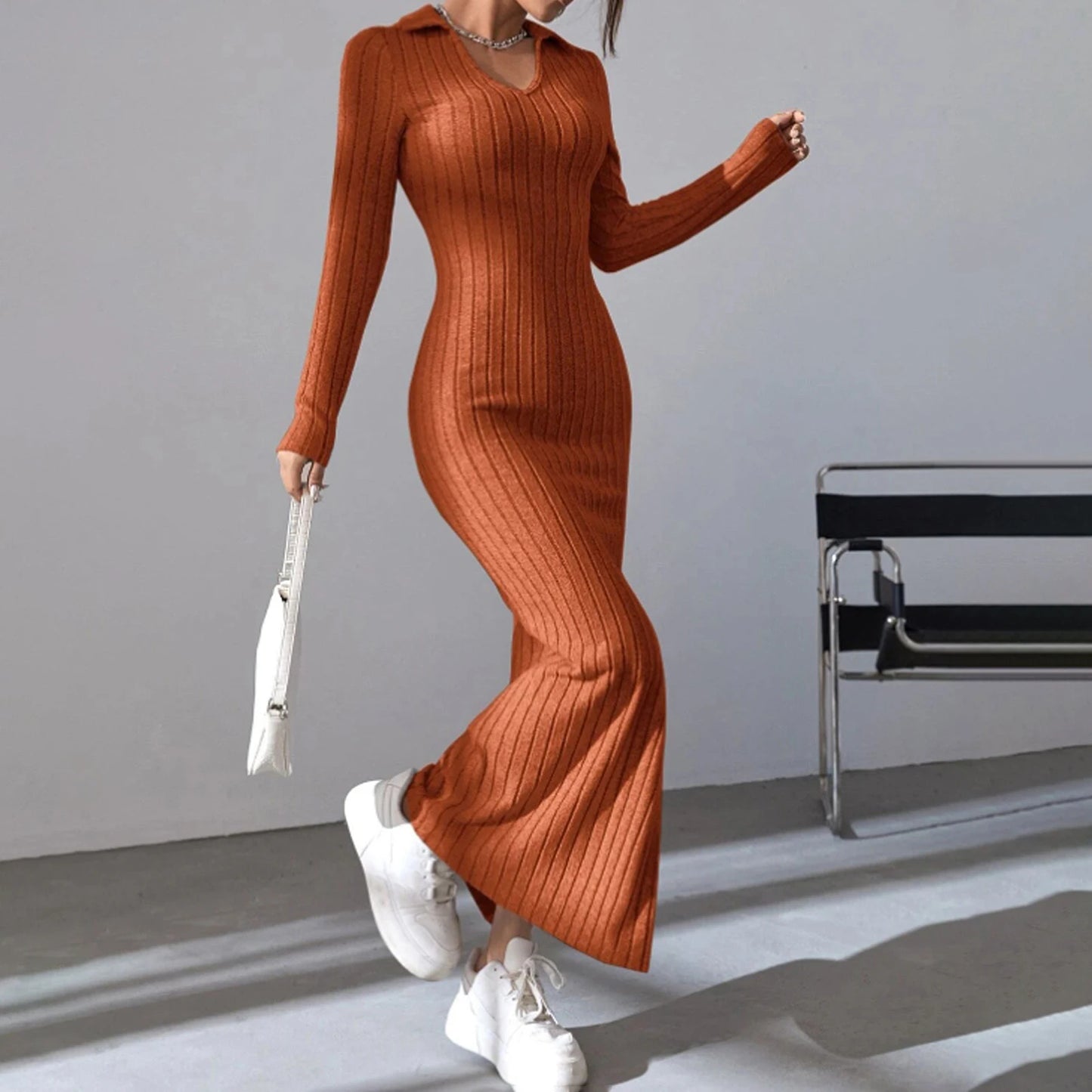V Neck Knitted Sweater Dress