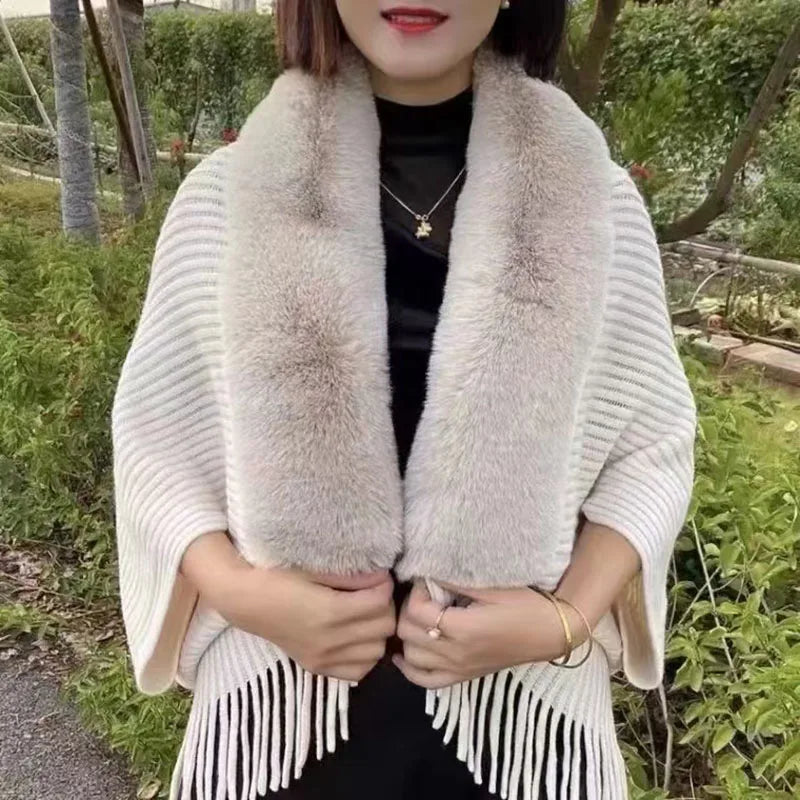 Bat Wing Knitted Cardigan With Faux Fur Trimming