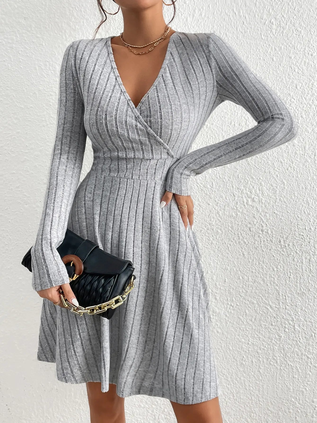 Knit Slim V-Neck Sweater Dress
