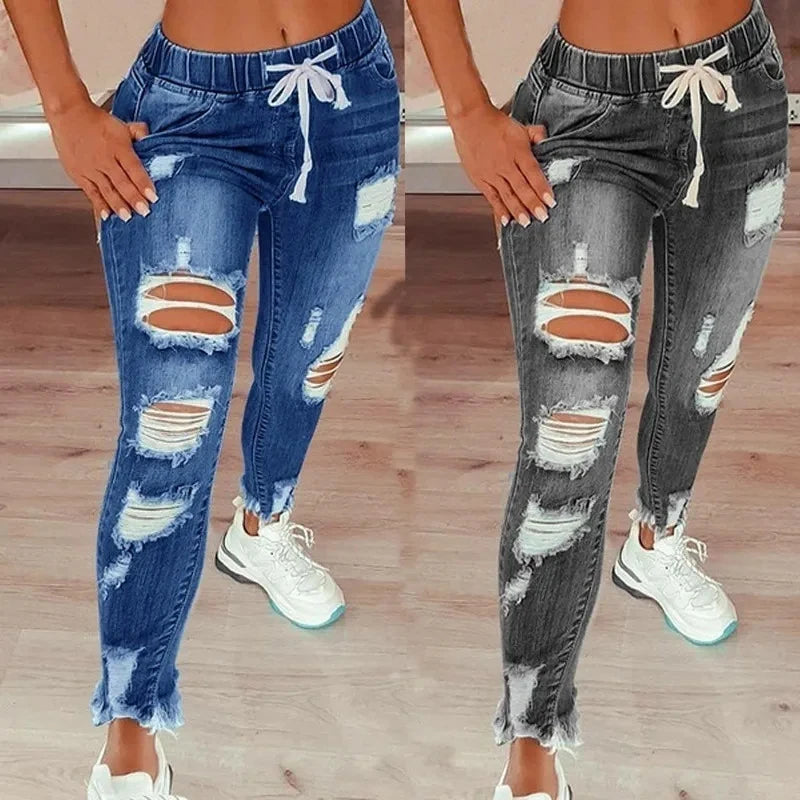 Women's Blue Ripped Jeans Elastic Waist Drawstring