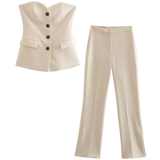 Solid Pant Suit Sleeveless Top and Straight Trousers Set