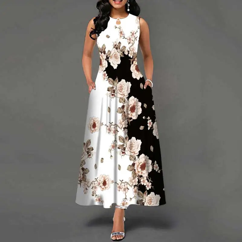 Sleeveless Long Flower Print Dress