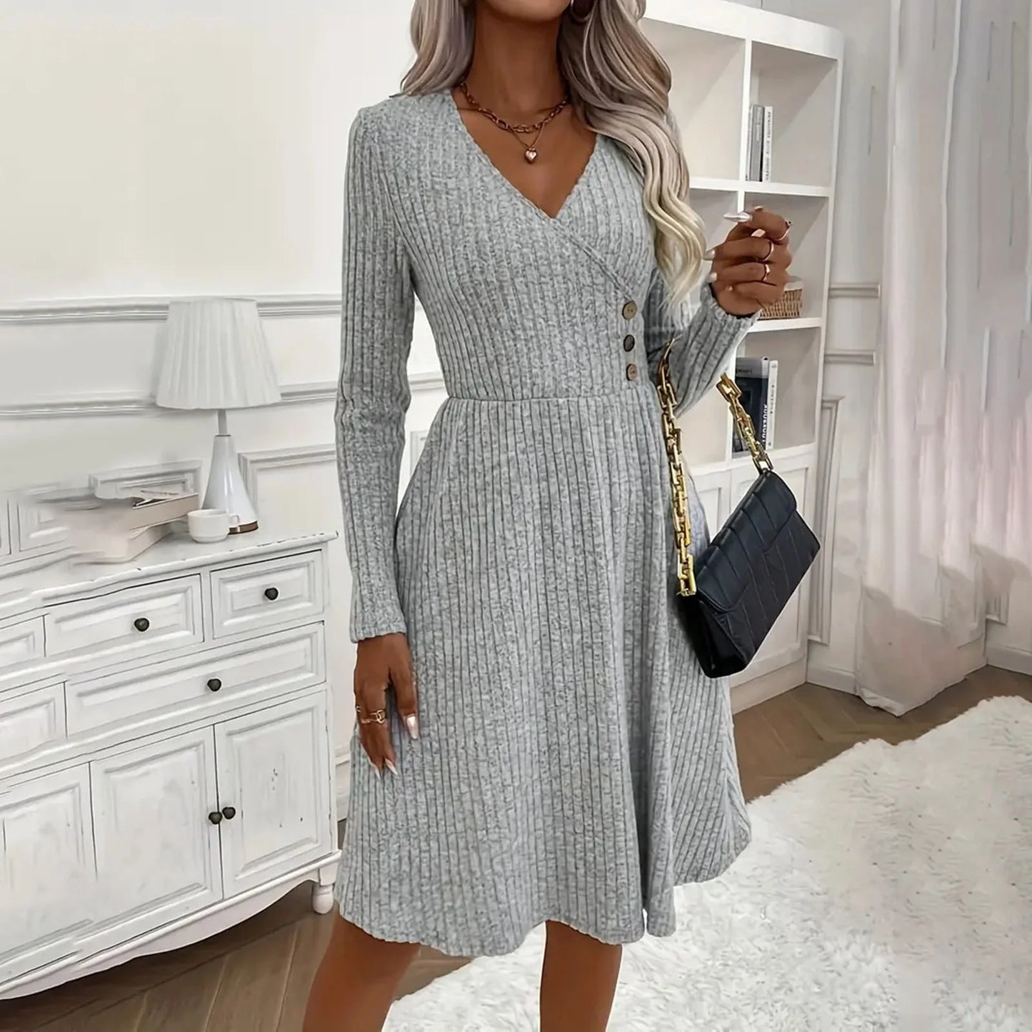 V Neck Knitted Sweater Dress