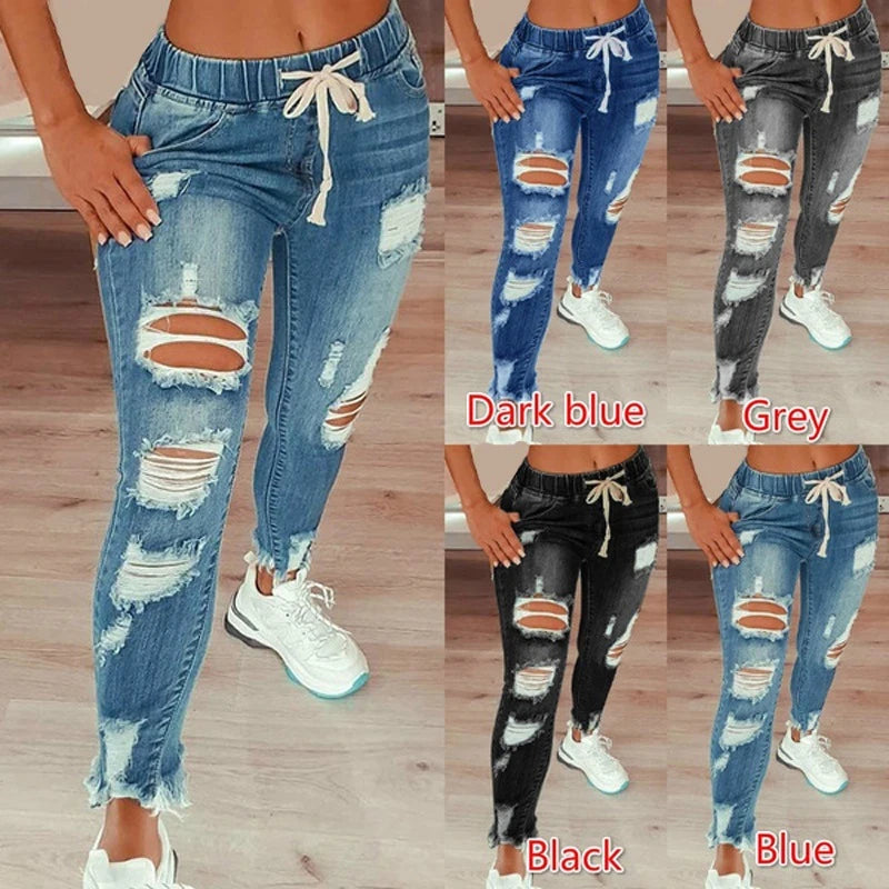 Women's Blue Ripped Jeans Elastic Waist Drawstring