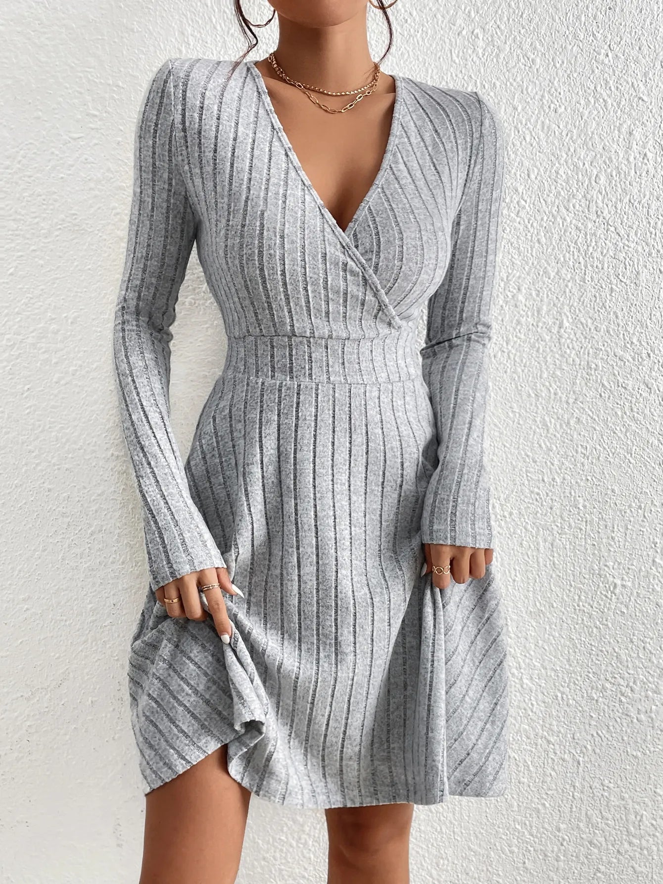 Knit Slim V-Neck Sweater Dress