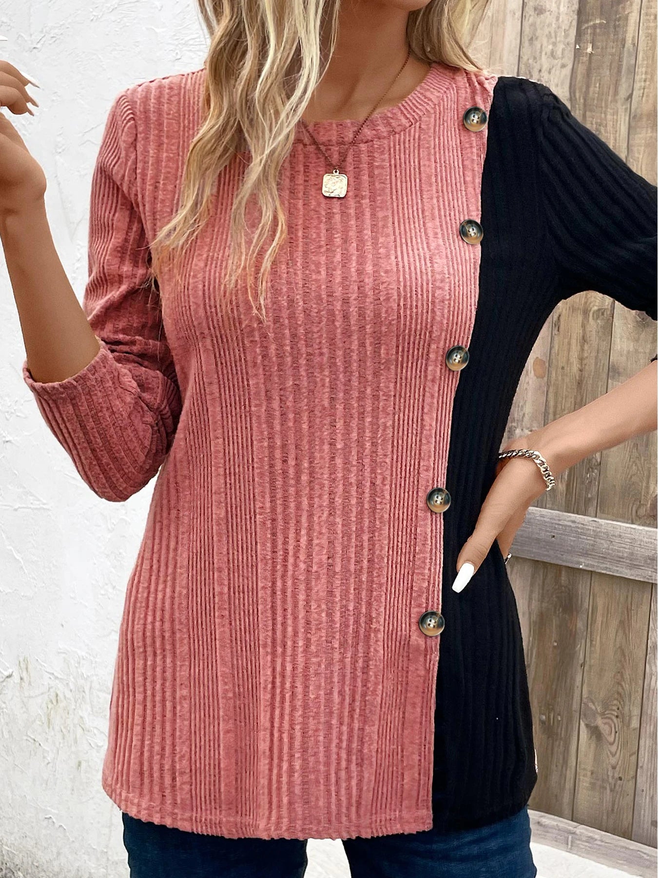 Ribbed Button Decor Shirt