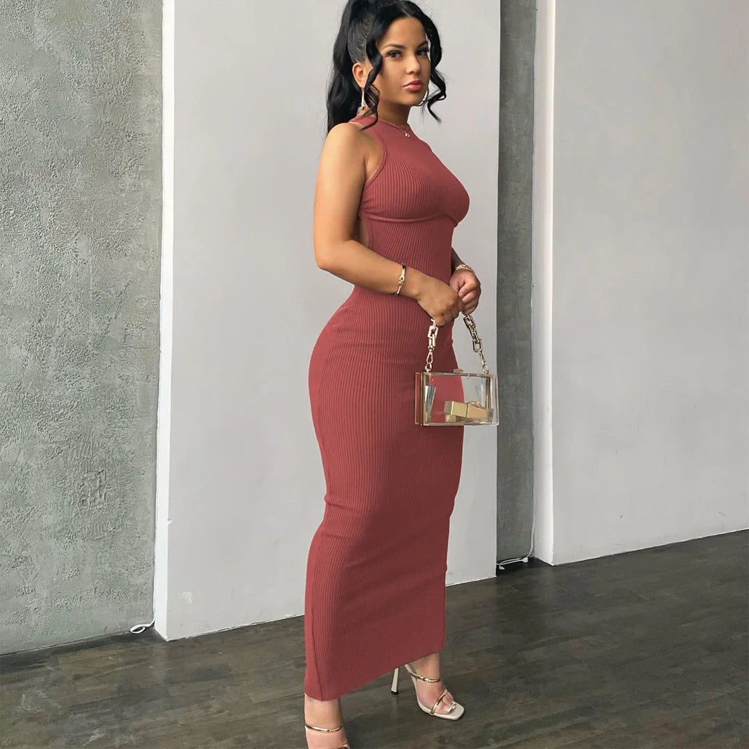 Solid Hollow Out Backless Sleeveless Mini Dress