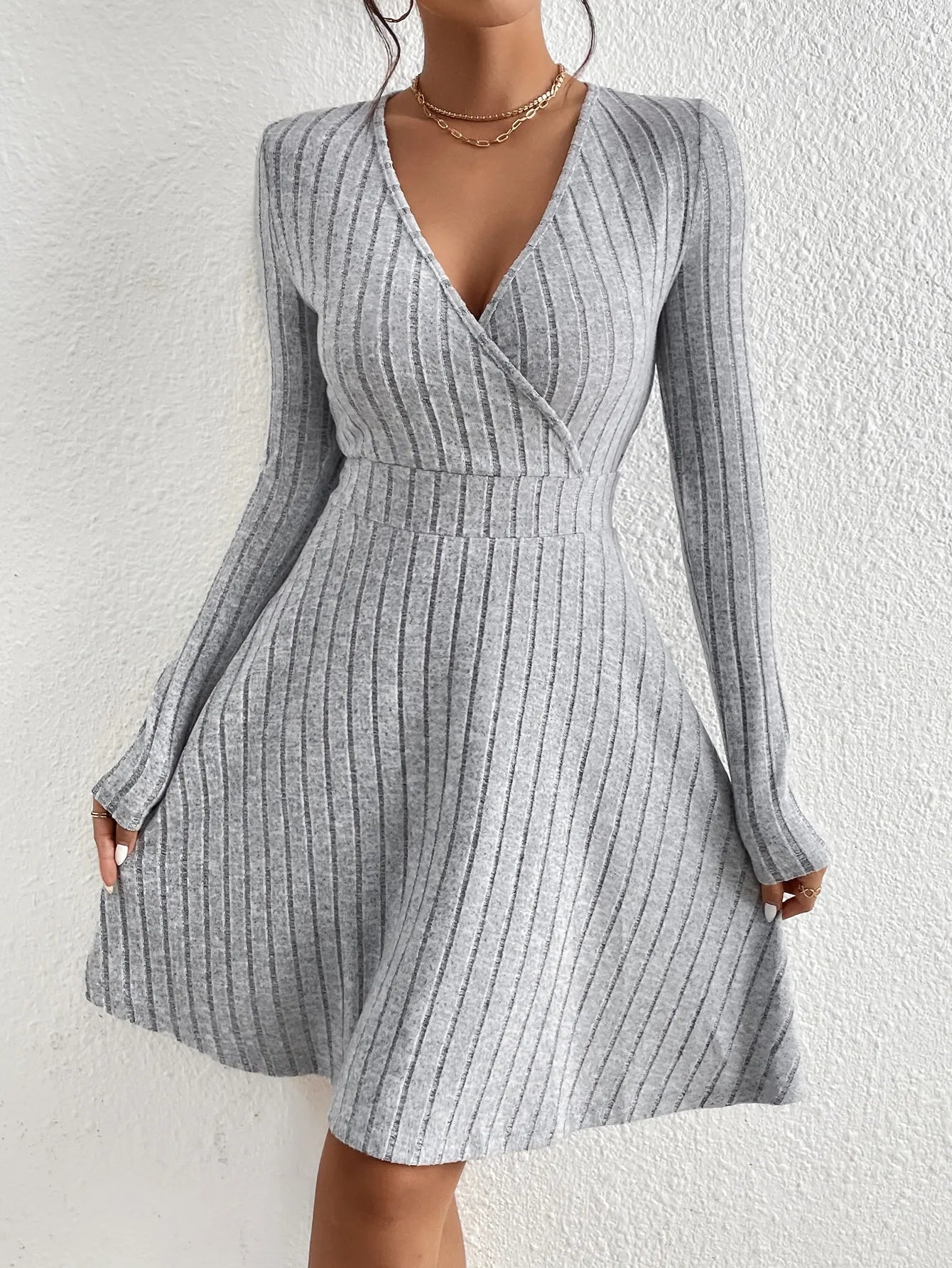 Knit Slim V-Neck Sweater Dress
