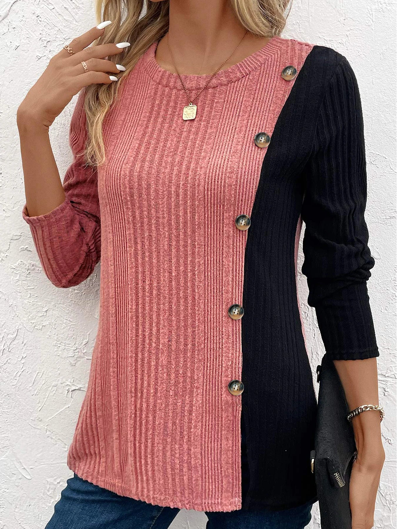 Ribbed Button Decor Shirt
