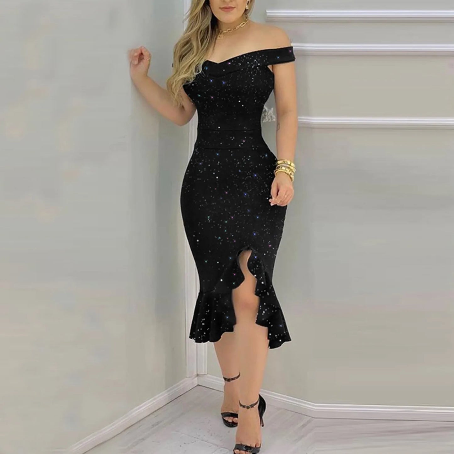 Short Sleeve Sequin Ruffle Chiffon Dress
