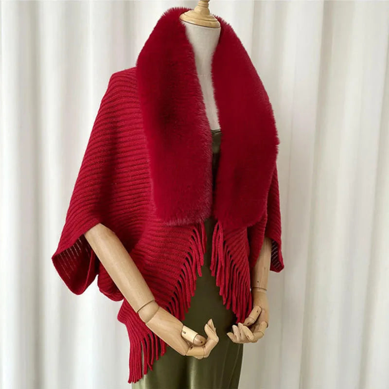 Bat Wing Knitted Cardigan With Faux Fur Trimming