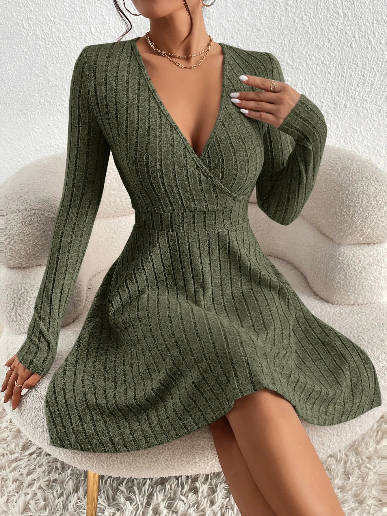 Knit Slim V-Neck Sweater Dress