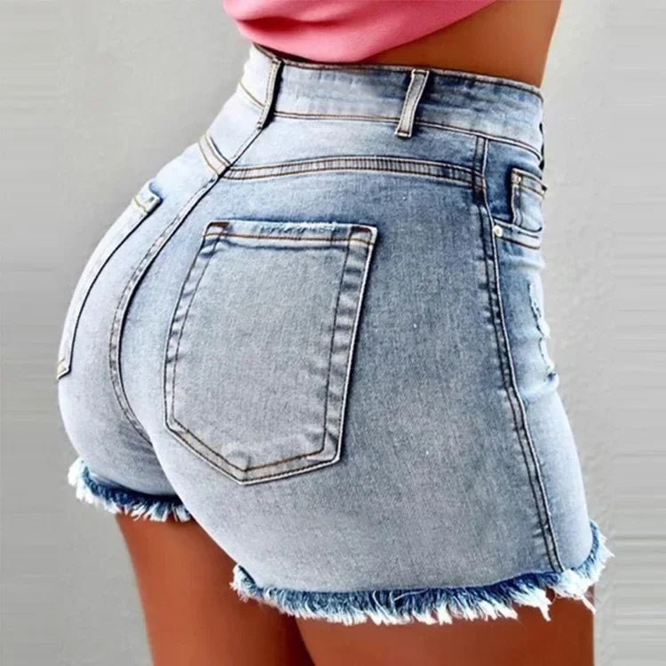 Tassel Distressed Stretch Denim Shorts