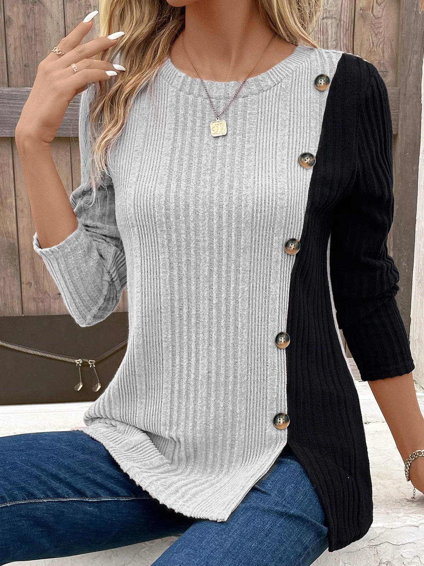Ribbed Button Decor Shirt