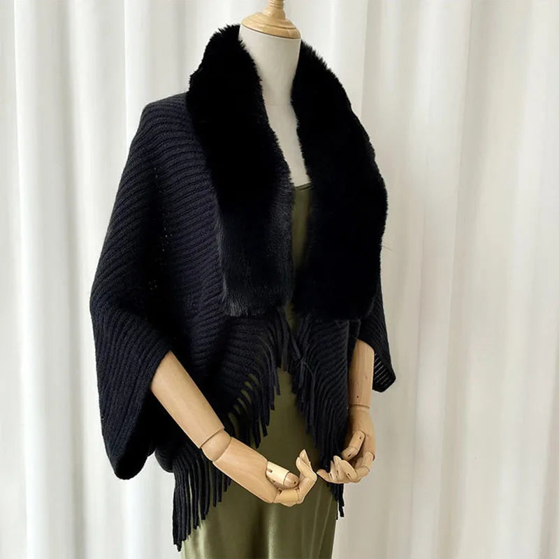 Bat Wing Knitted Cardigan With Faux Fur Trimming