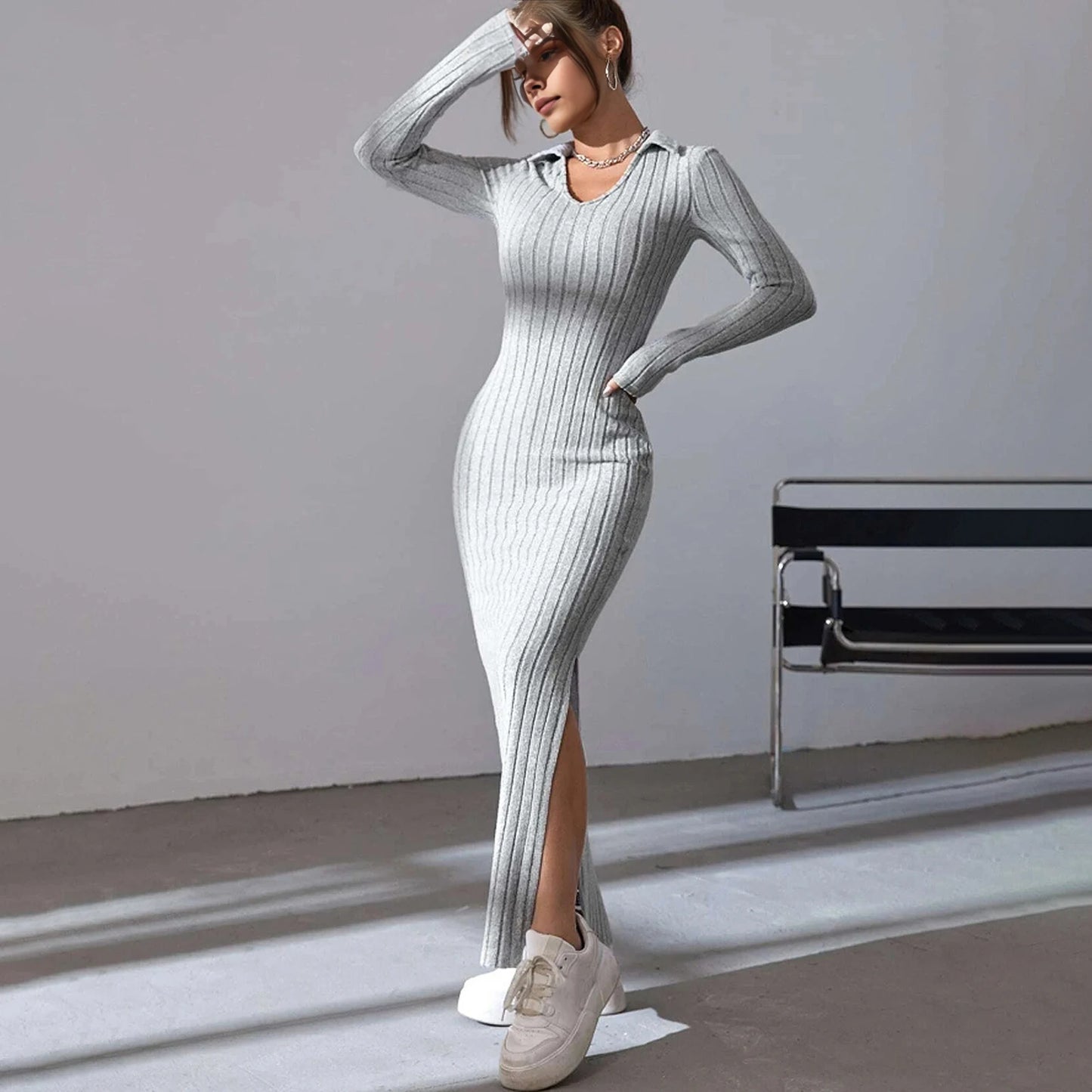 V Neck Knitted Sweater Dress