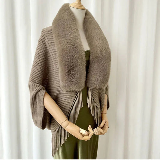 Bat Wing Knitted Cardigan With Faux Fur Trimming