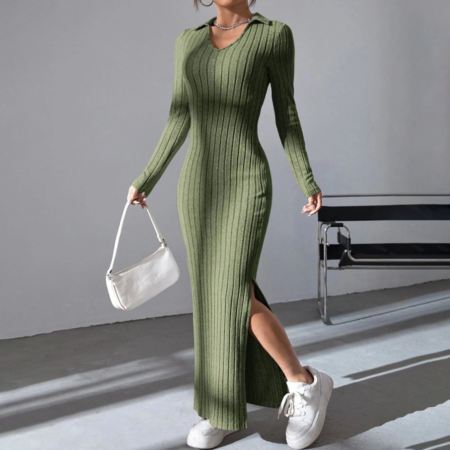 V Neck Knitted Sweater Dress
