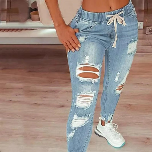 Women's Blue Ripped Jeans Elastic Waist Drawstring