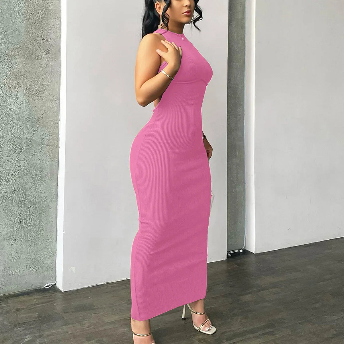 Solid Hollow Out Backless Sleeveless Mini Dress