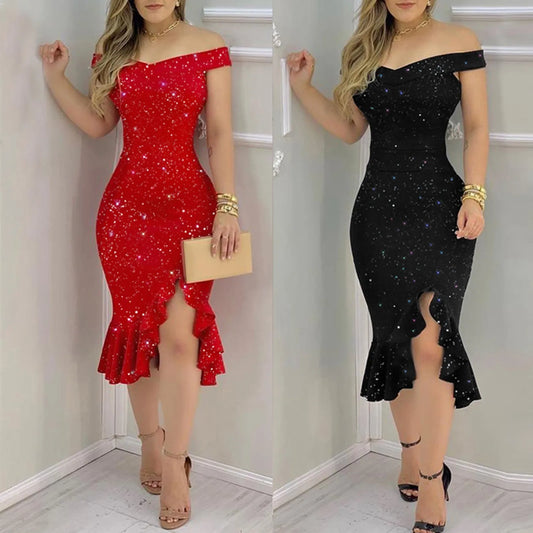 Short Sleeve Sequin Ruffle Chiffon Dress