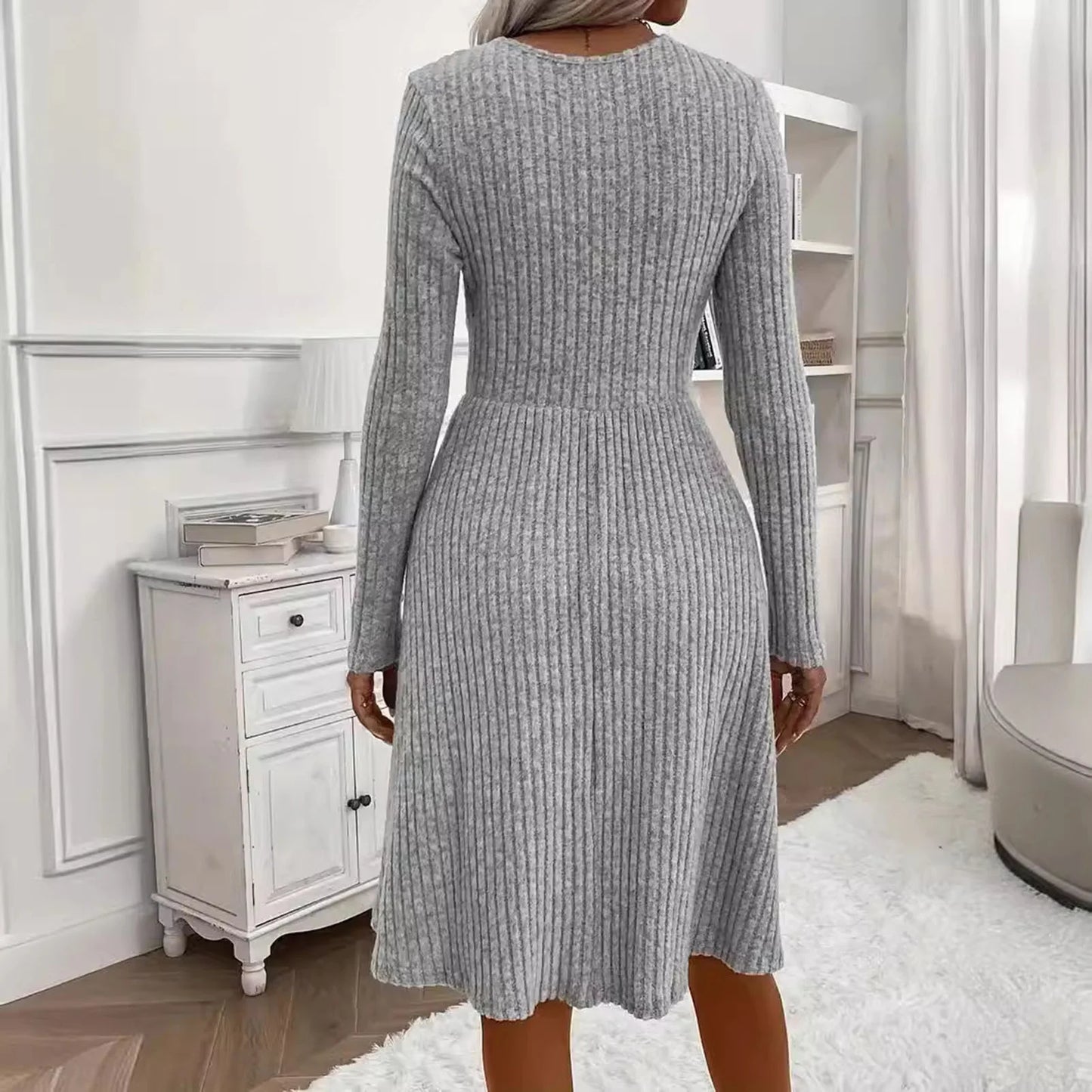 V Neck Knitted Sweater Dress