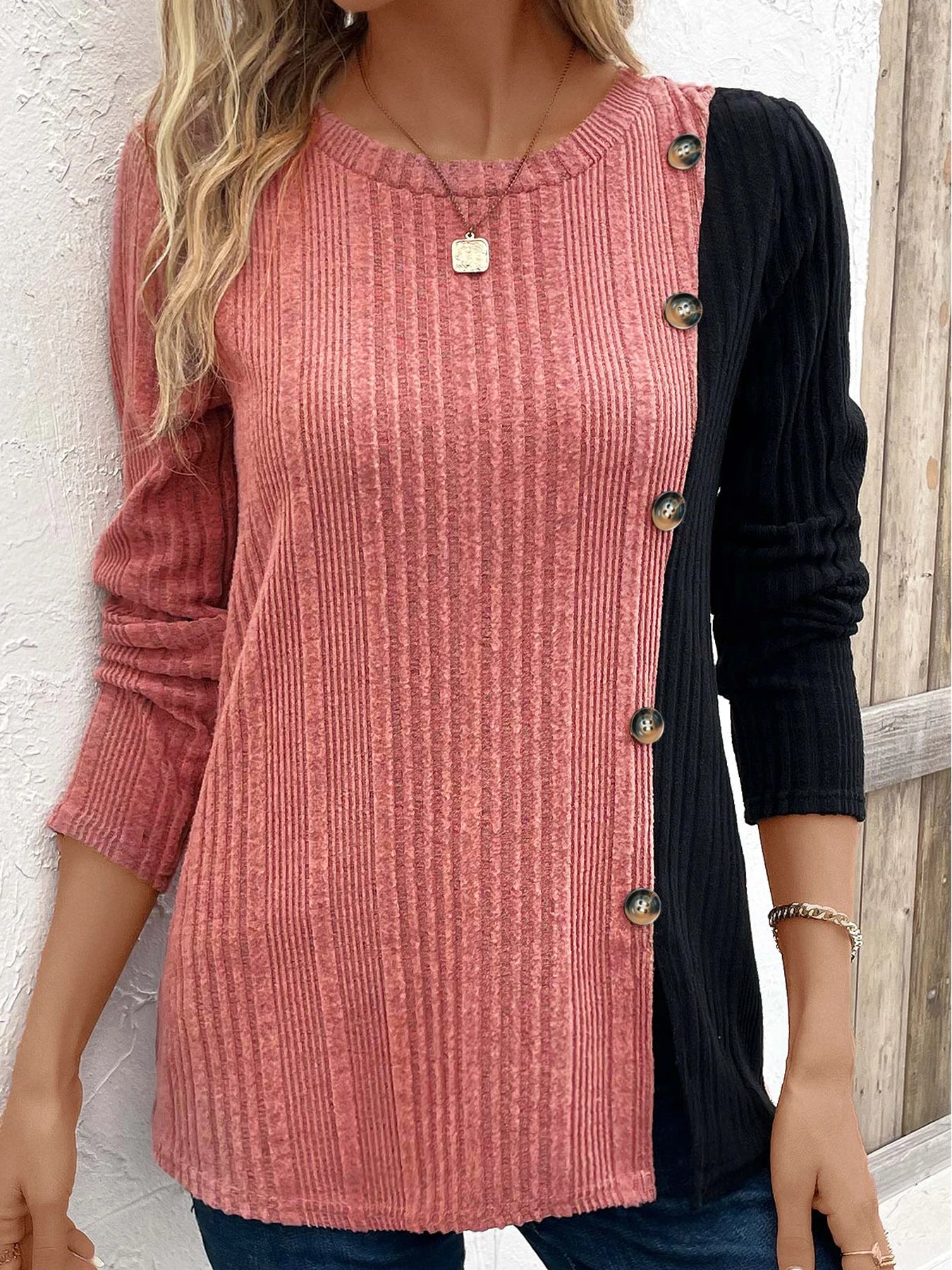 Ribbed Button Decor Shirt