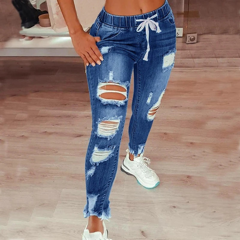 Women's Blue Ripped Jeans Elastic Waist Drawstring