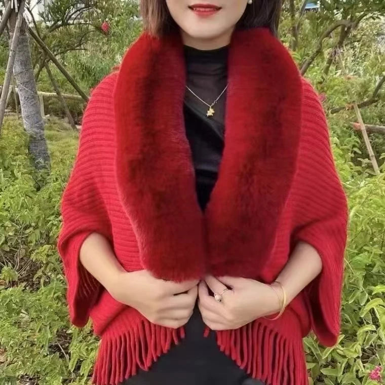 Bat Wing Knitted Cardigan With Faux Fur Trimming