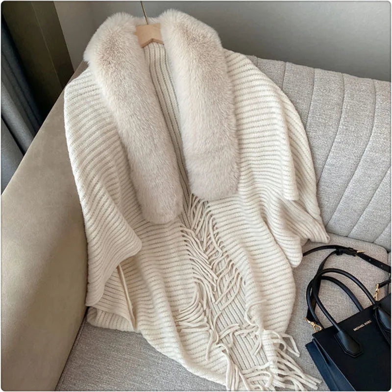 Bat Wing Knitted Cardigan With Faux Fur Trimming
