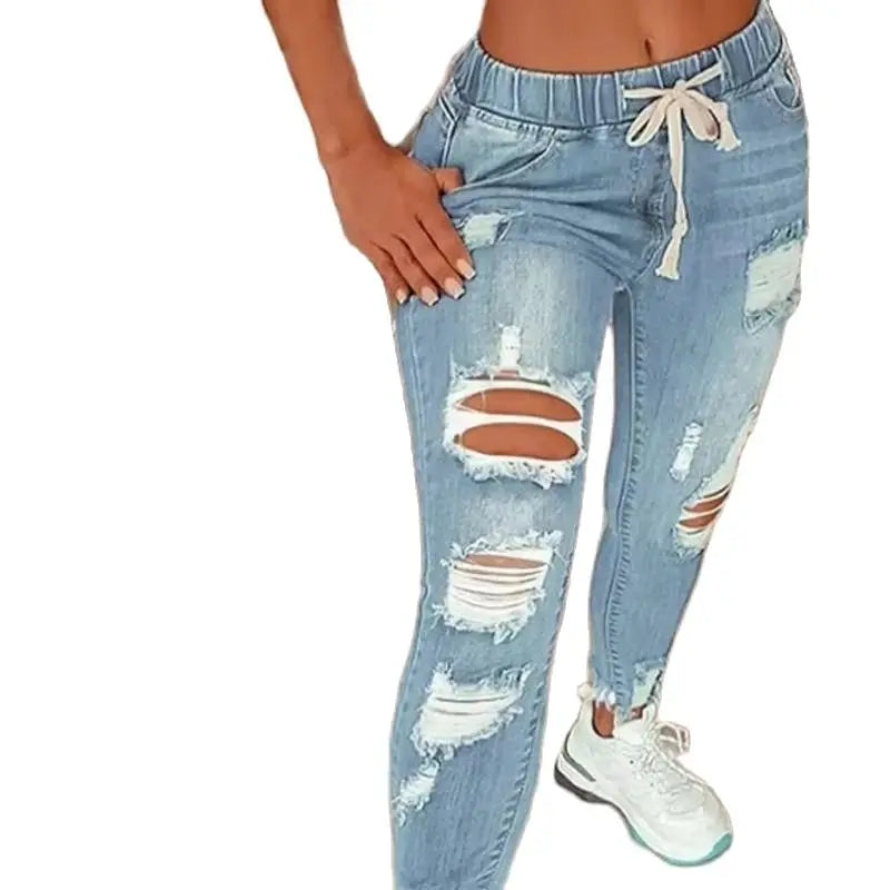 Women's Blue Ripped Jeans Elastic Waist Drawstring
