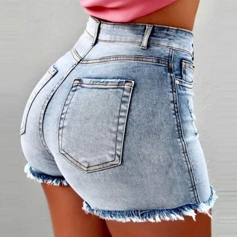 Tassel Distressed Stretch Denim Shorts